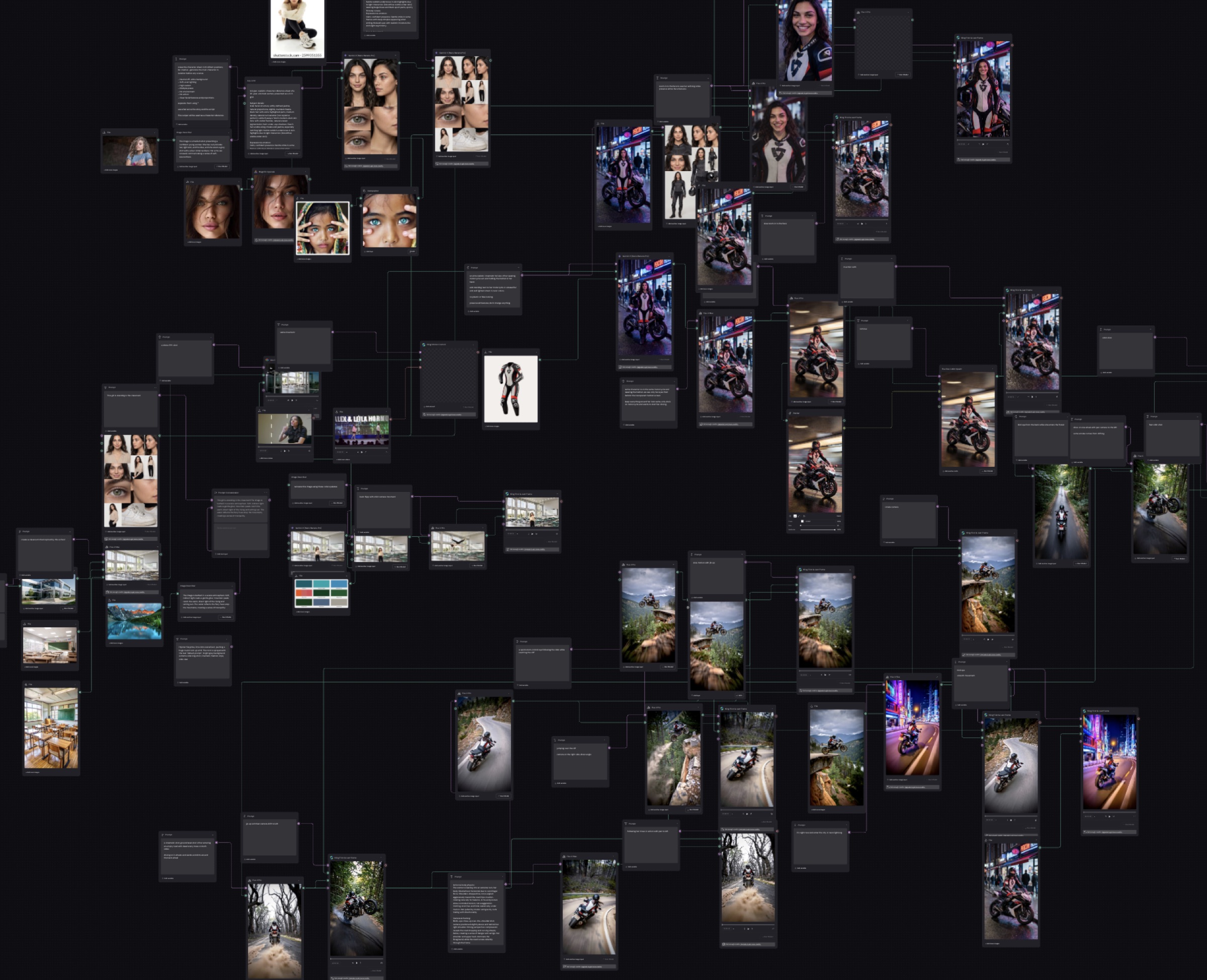 Figma Weave workflow map showing character development and motorcycle film production