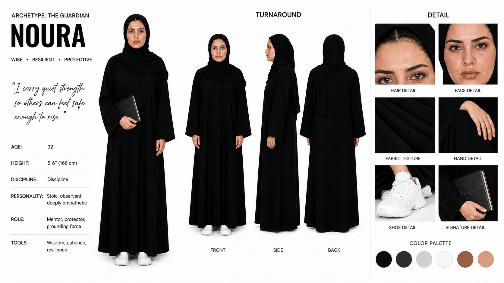 Noura AI character system with identity, turnaround, details and colour palette