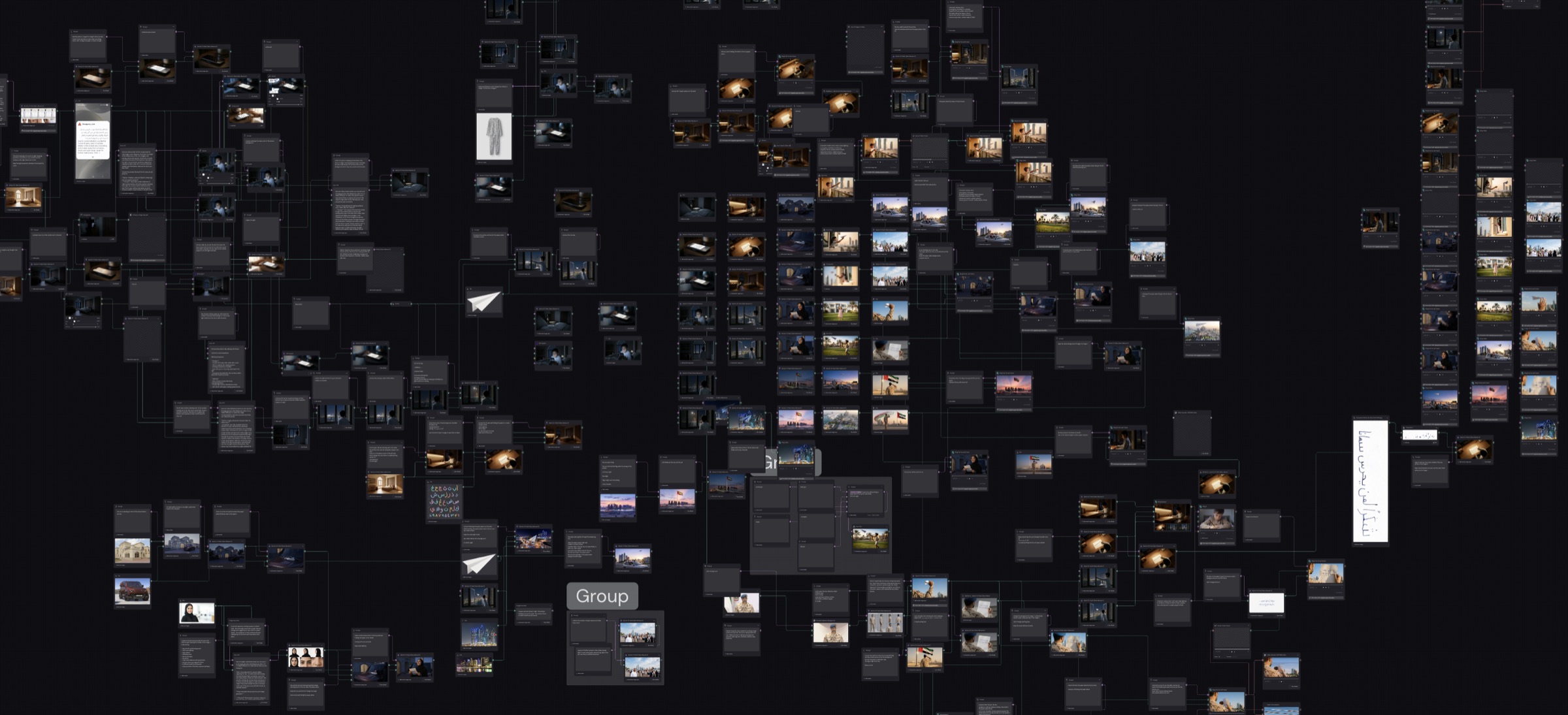 Wide Figma Weave workflow map used to develop the Paper Plane AI film