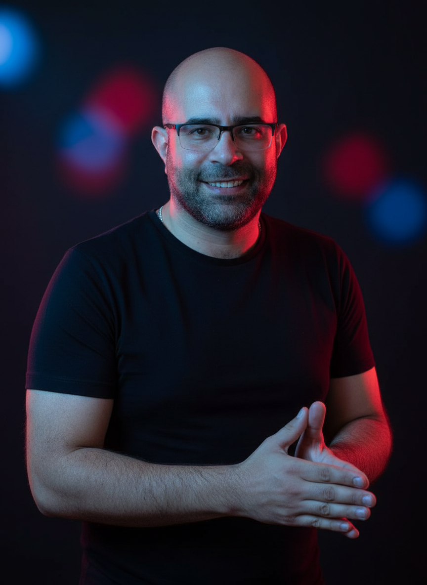 Khaled Amayri in red and blue light